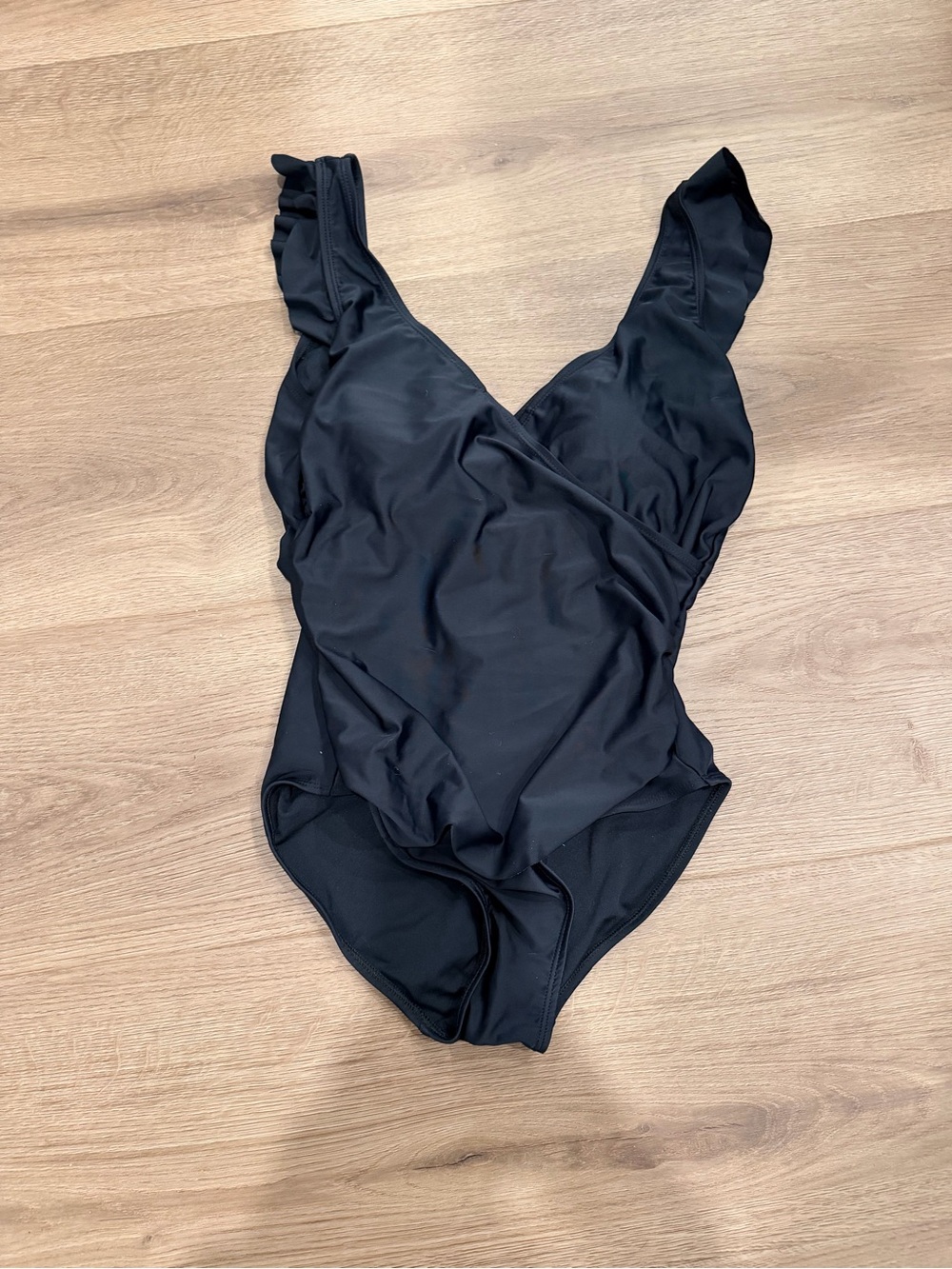 Women’s Black One-Piece Swimsuit with Ruffle Straps
